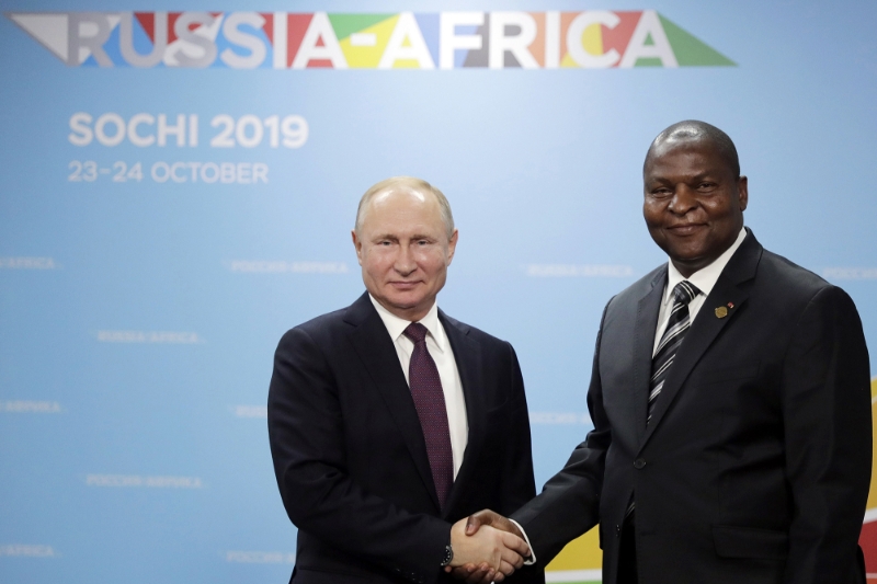 Central African President Faustin-Archange Touadéra and his Russian counterpart Vladimir Putin at the 2019 Russia-Africa summit in Sochi.