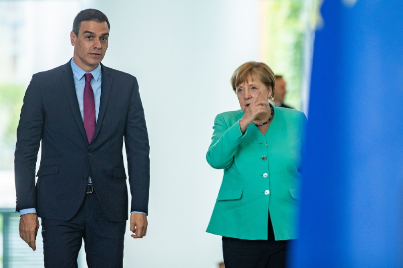 Spanish Prime Minister Pedro Sanchez and German Chancellor Angela Merkel.