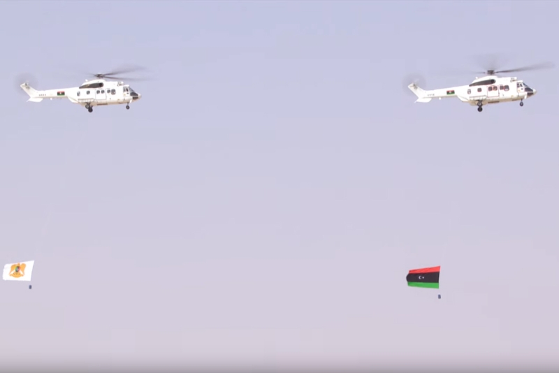 Libyan National Army Super Puma helicopters during the parade on 28 May 2021.