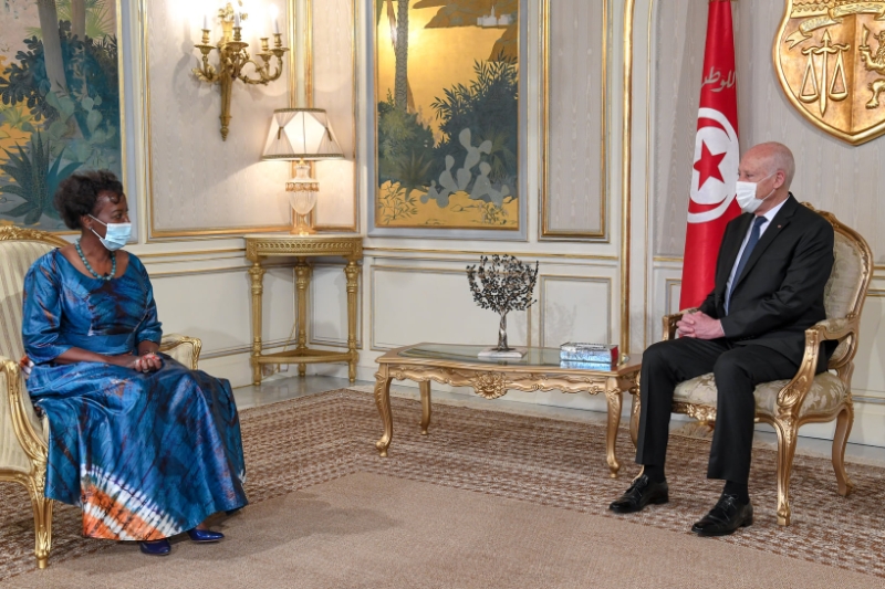 International Organisation of the Francophonie (OIF) secretary-general Louise Mushikiwabo with Tunisian president Kais Saied on 9 October.