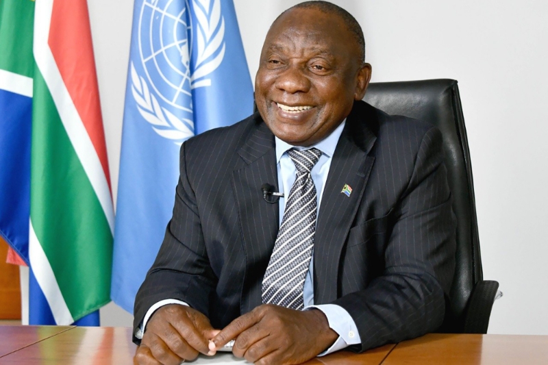 South African President Cyril Ramaphosa speaking remotely during COP26 on November 4, 2021.