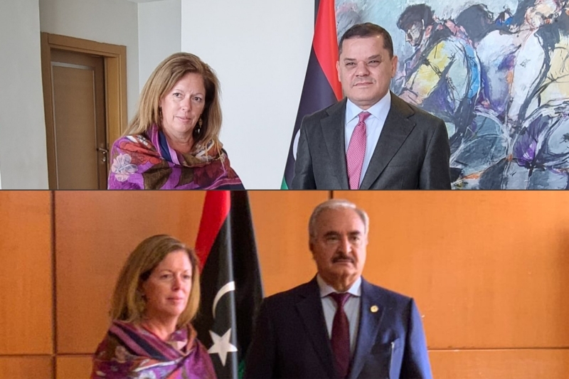 UN Secretary-General's Special Envoy to Libya Stephanie Williams with presidential candidates Abdelhamid Dabaiba (top) and Khalifa Haftar (bottom).