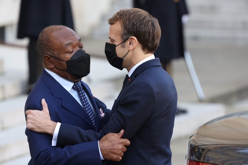 President of France Emmanuel Macron welcomes his Gabonese counterpart Ali Bongo to the Elysée Palace on 12 November 2021.