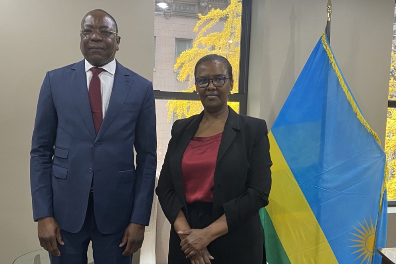 Mankeur Ndiaye, head of MINUSCA, with Rwandan diplomat Valentine Rugwabiza, who is expected to succeed him.