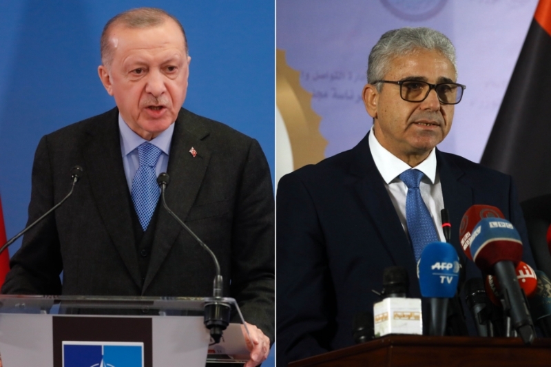 Turkish President Recep Tayyip Erdogan (left) and Libyan PM-designate Fathi Bashagha.