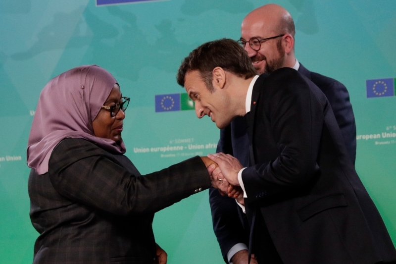 Tanzanian president Samia Suluhu Hassan is welcomed by French president Emmanuel Macron and European Council President Charles Michel during the sixth European Union - African Union summit in Brussels, Belgium, the 17 February 2022.