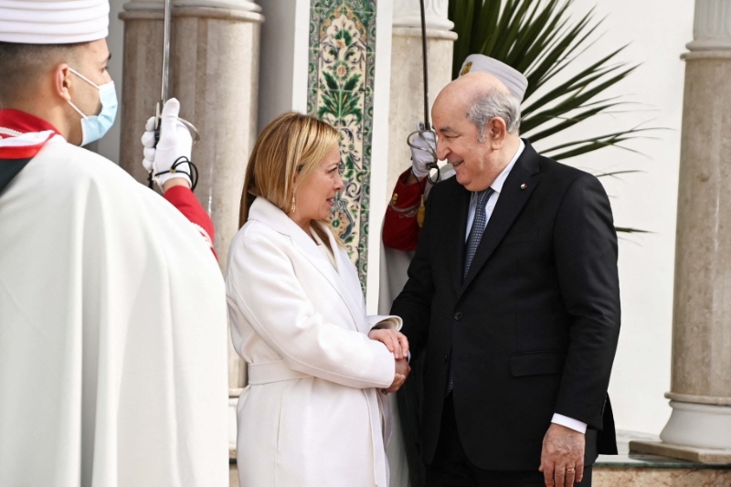 Algerian President Abdelmadjid Tebboune welcomes Italian Prime Minister Giorgia Meloni in Algiers, January 23, 2023.