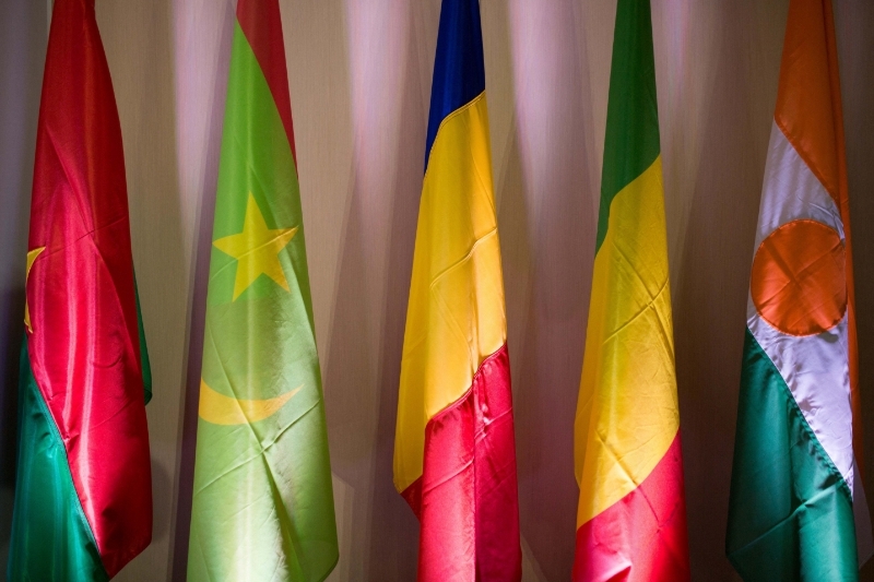 Flags of the five historical members of the G5 Sahel: Burkina Faso, Mauritania, Chad, Mali and Niger.