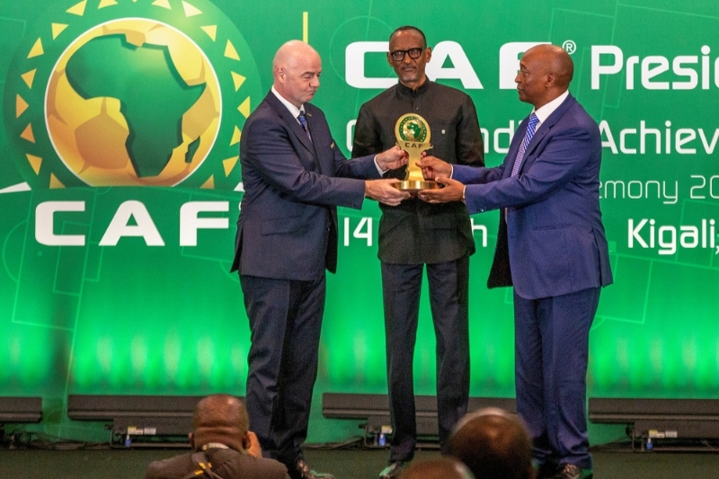 FIFA president Gianni Infantino, Rwandan president Paul Kagame and Confederation of African Football president Patrice Motsepe at the CAF President's Awards Ceremony in Kigali on 14 March 2023.