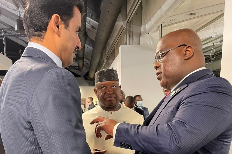 Emir of Qatar, Tamim bin Hamad Al Thani (L) and President of the Democratic Republic of the Congo, Felix Tshisekedi (R) on the sidelines of the COP26 World Leaders Summit, in Glasgow the 1st of November 2021.