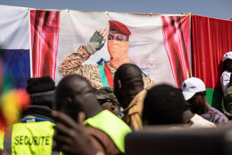 A banner of the Burkina Faso President Captain Ibrahim Traore is seen during a protest to demand the departure of France's ambassador and military forces, in Ouagadougou, on the 20 January 2023.