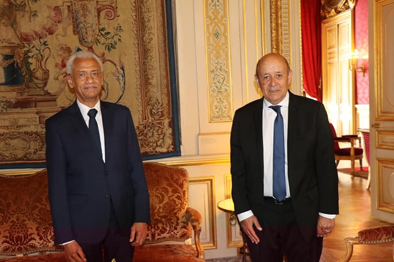 Former Chad ambassador in Paris Amine Abba-Sidick (left) pays his farewell visit to French Foreign Minister Jean-Yves Le Drian at the Quai d'Orsay, 24 August.