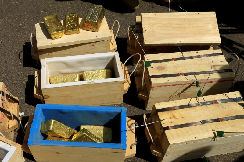 Gold bars seized from a plane by Sudanese Rapid Support Forces at Khartoum Airport are displayed in an investigation into possible smuggling, in Khartoum, Sudan May 9, 2019.