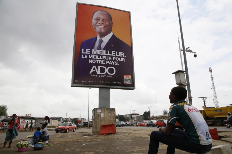 A campaign poster for Alassane Ouattara in Abidjan, 15 October, 2020.