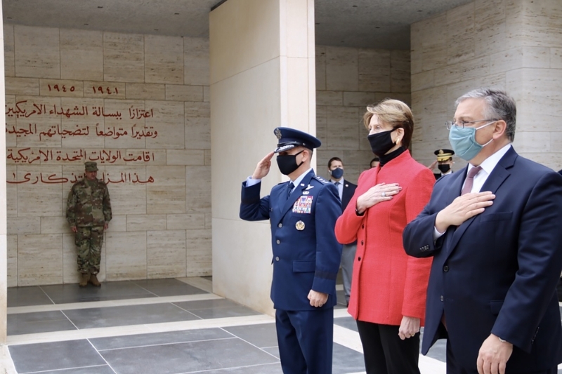 US Air Force commander for Europe and Africa Gen. Jeff Harrigian, Air Force secretary Barbara Barrett, and US ambassador to Tunisia Donald Blome attend a ceremony at a US cemetery in Tunisia on 6 January.