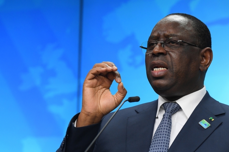 Senegal's President Macky Sall speaks during a press conference on the second day of an European Union (EU) African Union (AU) summit at the European Council Building in Brussels, Belgium, 18 February 2022.