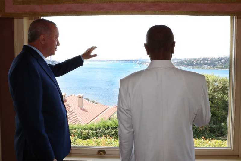 Turkish President Recep Tayyip Erdogan meets former president of Guinea Alpha Conde at the Vahdettin Mansion in Istanbul, Turkey on 14 August 2021.