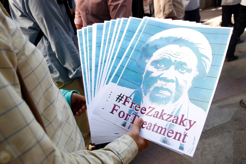 Flyers depicting Nigerian radical Shiite leader Ibrahim el-Zakzaky during a protest calling for his release, Tehran, Iran, 17 July 2019.