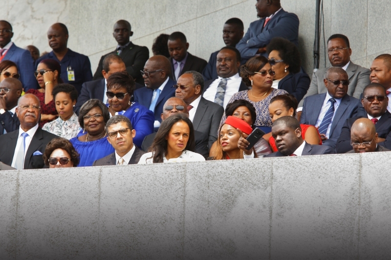 Isabel dos Santos (third from left, front row) at President Joao Lourenco's inauguration in 2017 alongside her (now late) husband Sindika Dokolo, her half-sister Welwitschia "Tchize" dos Santos, and her brother Eduardo Breno dos Santos.