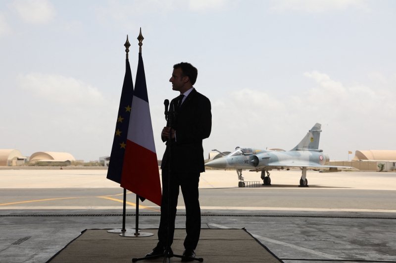 French president Emmanuel Macron at the military base in Djibouti on 12 March 2019.