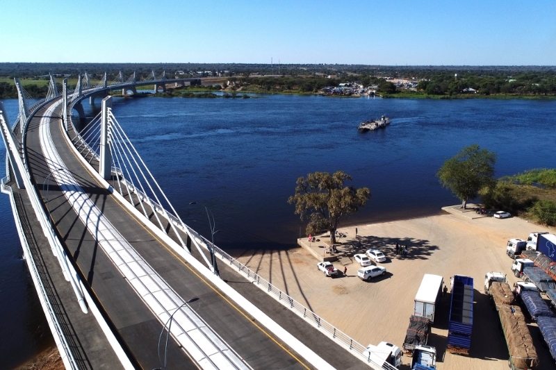 An aerial view of the newly built Kazungula bridge over the Zambezi river in Kazungula, Botswana, on 10 May 2021.