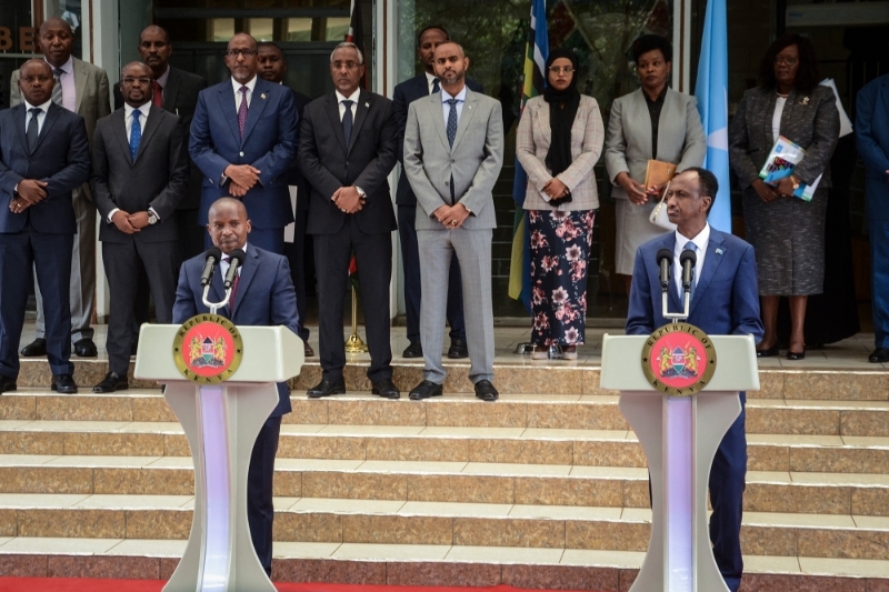 Kenyan Minister of Interior Kithure Kindiki (L) and Somali Internal Security Minister Mohamed Ahmed Sheikh Ali attend a joint press conference on re-opening the border between Kenya and Somali at Harambee House in Nairobi on 15 May, 2023.