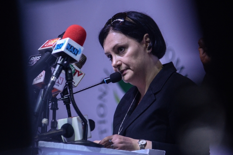 The Head of Delegation of the European Union to Nigeria and ECOWAS, Samuela Isopi addressing the audience during the signing of the 1st National Peace Accord by political parties presidential candidates of all political parties ahead of the 2023 general elections in Abuja, on 29 September 2022.