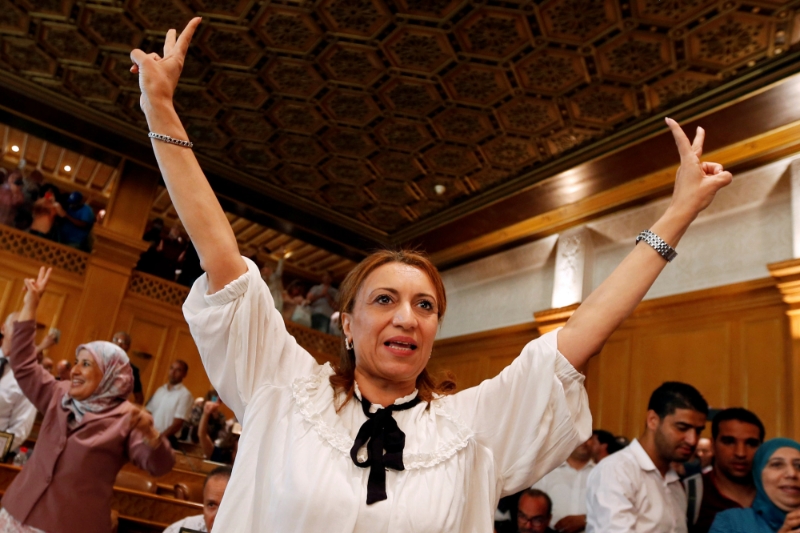 Souad Abderrahim celebrates after being elected mayor of Tunis