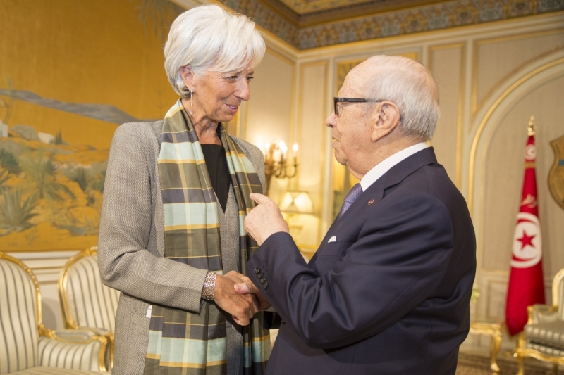 IMF Managing Director Lagarde meets with Tunisia’s President Essebsi in Tunis.