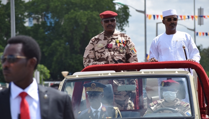 President of Chad's Transition Council Mahamat Idriss Deby (R) is seen next to Chad Army Chief of Staff, General Abakar Abdelkerim Daoud (L) as they review troops during the 63rd Independence Day celebrations in N'Djamena on 11 August 2023. 
