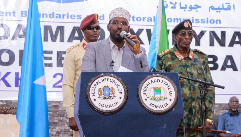 Ahmed Mohamed Islam better known as Madobe speaks after his re-election as president of Jubaland, in Kismayo, on 22 August 2019.