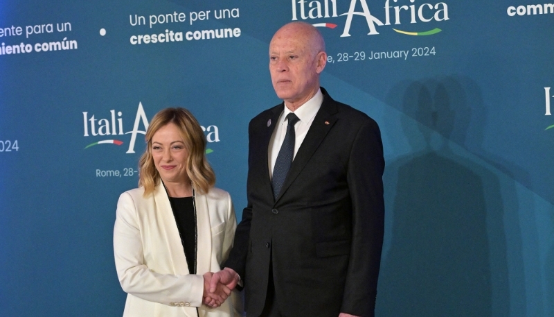 Giorgia Meloni welcomes Kais Saied for the Italy-Africa international conference in Rome on 29 January 2024. 