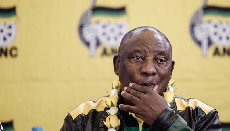 South African President Cyril Ramaphosa addresses new members of his party, the African National Congress, ahead of the 2024 general elections, north of Durban, on 14 May 2023.