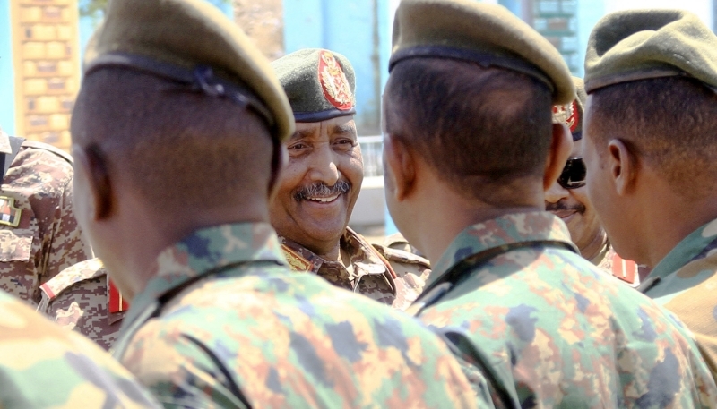 Abdel Fattah al-Burhan greets military personnel in Gedaref state, 10 April 2024.