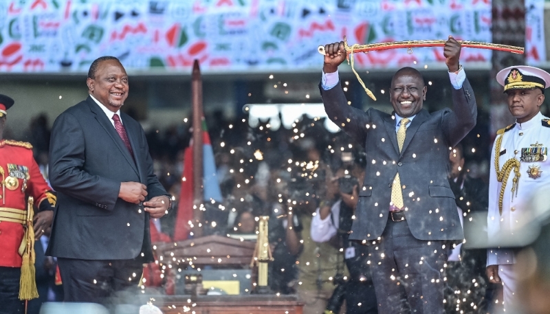 Uhuru Kenyatta and William Ruto in Nairobi, Kenya, on 13 September 2022 during the inauguration ceremony.