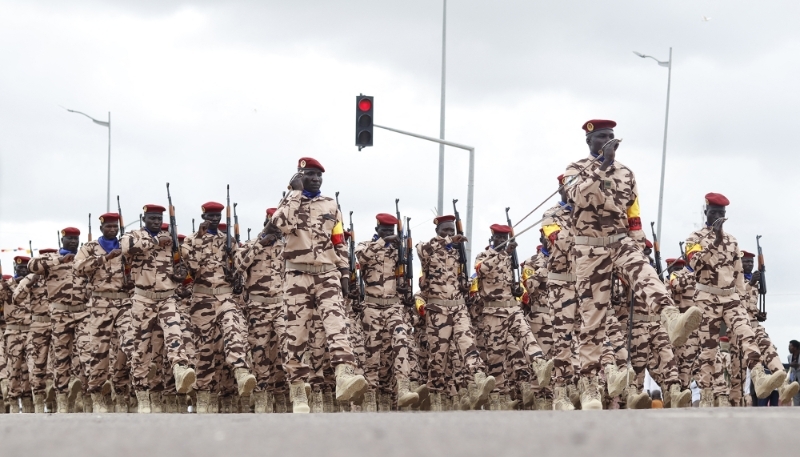 Members of the Chadian Armed Forces parade during the 63rd Independence Day celebrations in N'Djamena on 11 August 2023.
