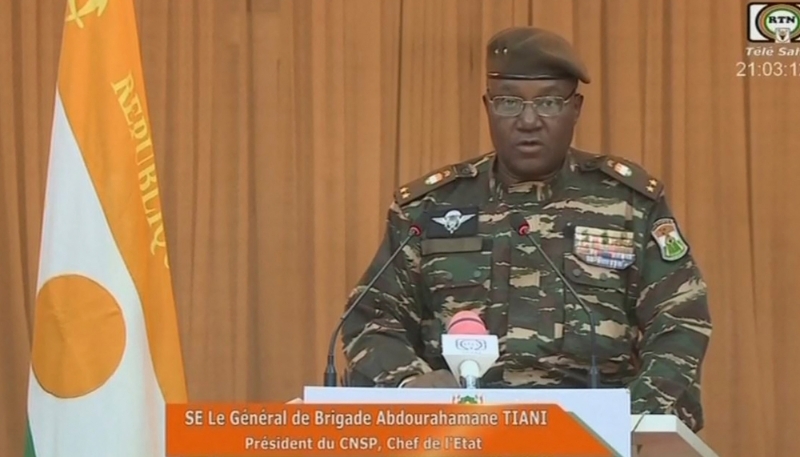 Image obtained by AFP from ORTN - Télé Sahel, on 19 August 2023, of General Abdourahamane Tiani reading a statement on national television.