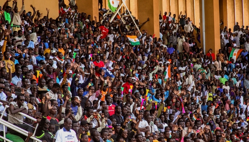 Supporters of the Niger coup in a stadium in Niamey, 6 August 2023.
