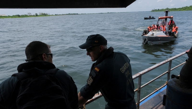 Spanish civil guards and Ghanaian military personnel train on the Volta river, Ghana, 11 March 2023.