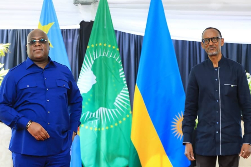 Congolese President Felix Tshisekedi receiving his Rwandan counterpart Paul Kagame on June 25, 2021.