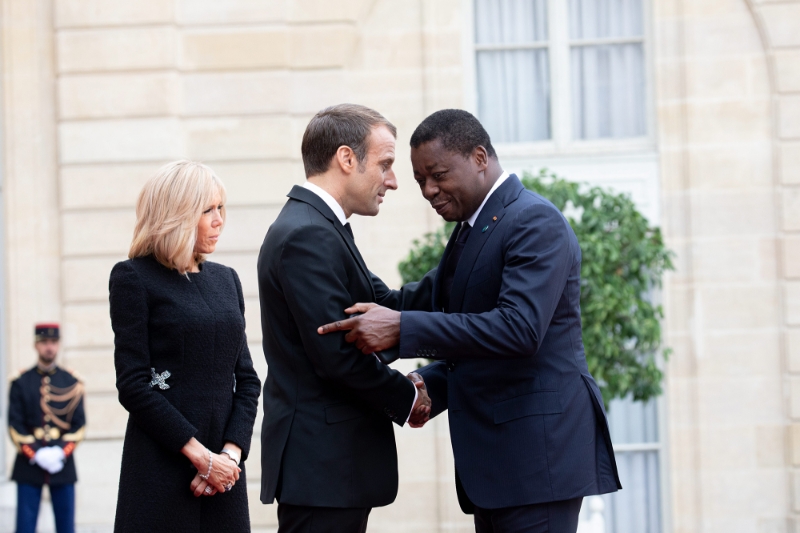 Togolese President Faure Gnassingbé received at the Elysée Palace by his French counterpart Emmanuel Macron and his wife Brigitte in September 2019.