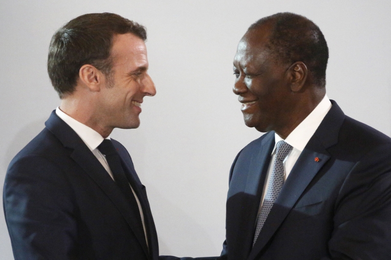 Emmanuel Macron and Alassane Ouattara in Ivory Coast in December 2019.
