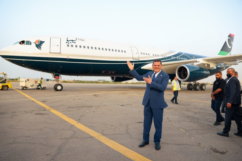 Libyan Prime Minister Abdelhamid Dabaiba welcoming the Airbus A340