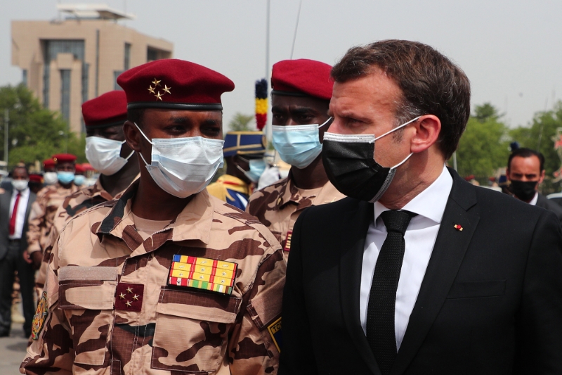 Chadian leader Mahamat Idriss Deby and French President Emmanuel Macron ahead of the state funeral of late Chadian president Idriss Deby in N'Djamena, Chad, 23 April 2021.