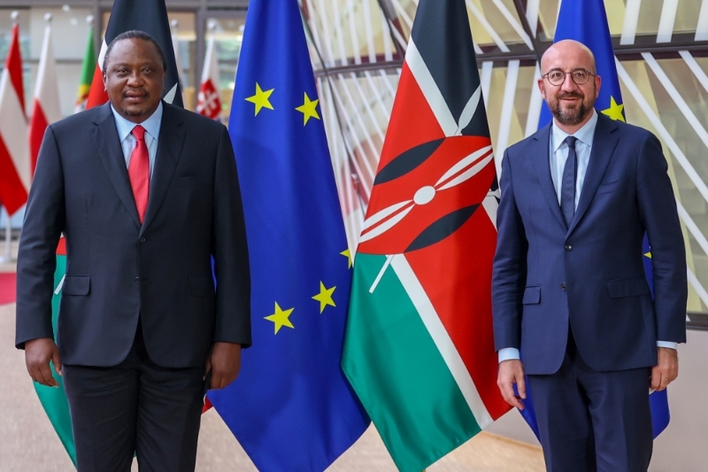 Kenyan President Uhuru Kenyatta (left) met European Council President Charles Michel in Brussels in June 2021.