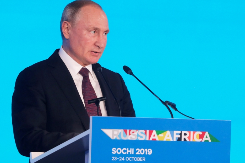 Russian President Vladimir Putin delivers a speech during the Russia-Africa Summit in Sochi, Russia, October 23, 2019.
