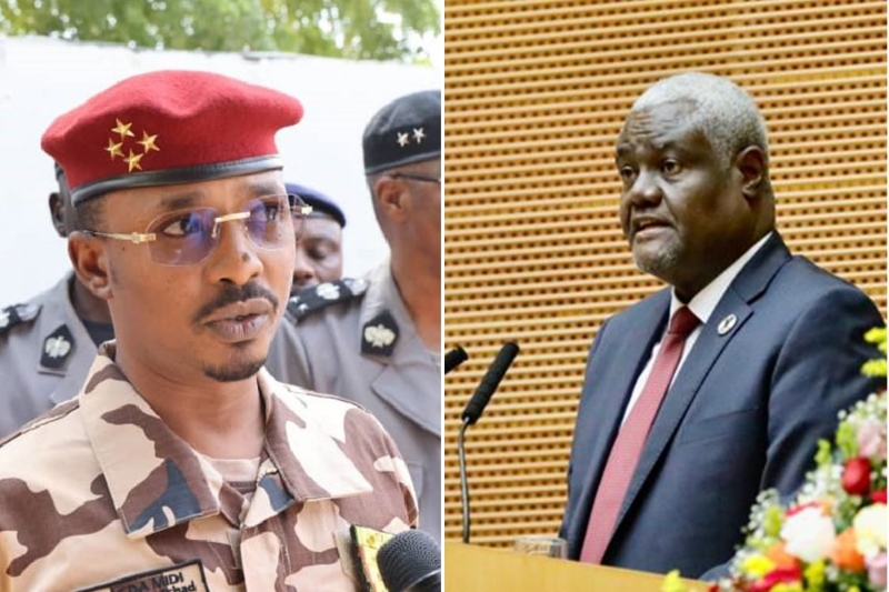The president of the Transitional Military Council, Mahamat Idriss Deby (left) and the African Union (AU) chairperson Moussa Faki Mahamat.