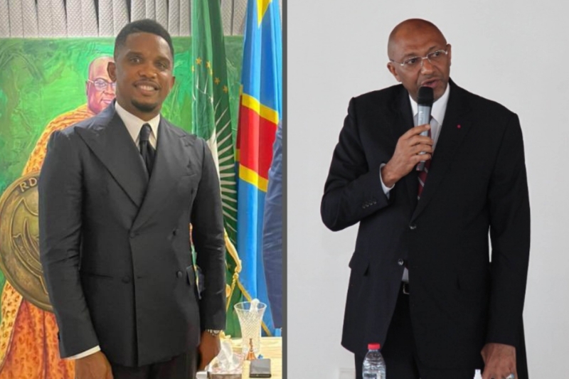 Former international soccer star Samuel Eto'o (left) and Seidou Mbombo Njoya, the outgoing interim president of Fecafoot, are candidates to take over the leadership of the Cameroon Football Federation.