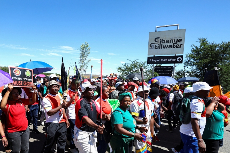 A joint demonstration by striking NUM and AMCU members at Kloof mine, Johannesburg, on 25 March.