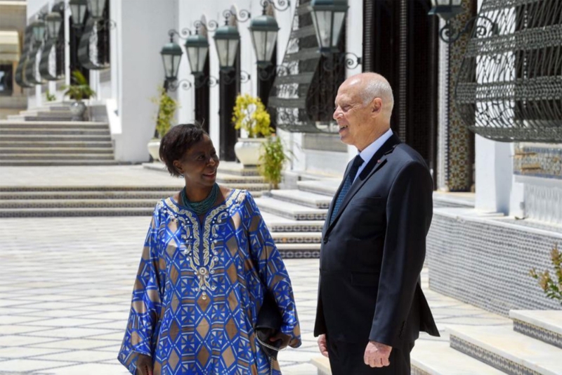OIF secretary-general Louise Mushikiwabo with Tunisian president Kaïs Saïed in June 2021.